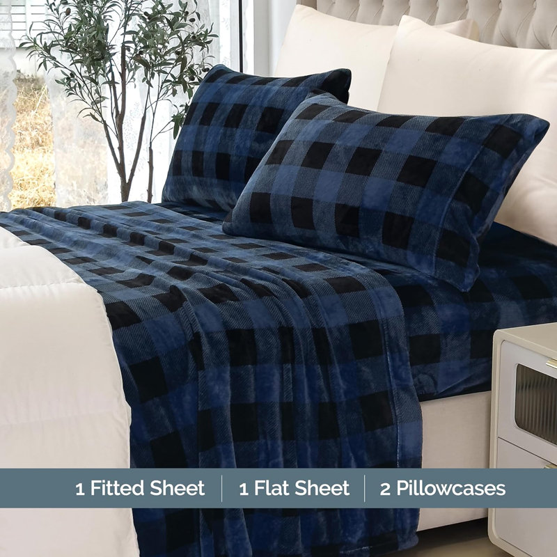 Ensemble de 4 valises pour chambre d'amis, Ensemble de draps pour lit simple TG avec 2 taies , Carreauté bleu