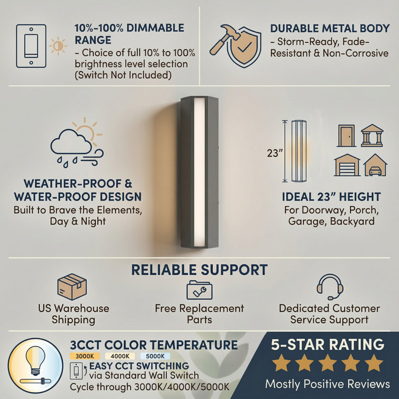 23'' H Dimmable LED Black Aluminum 3CCT(3000K/4000K/5000K) Adjustable Oudoor Wall Light, Matte Black