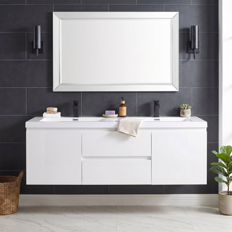 60" Floating Wall‑Mount Bathroom Vanity, Wood Melamine Cabinet with Resin & Calcium Carbonate Integrated Sink, White