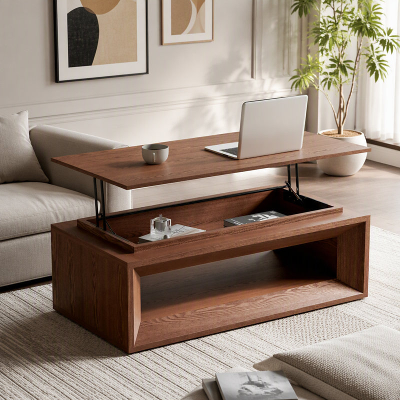 Table basse relevable avec rangement, Noyer