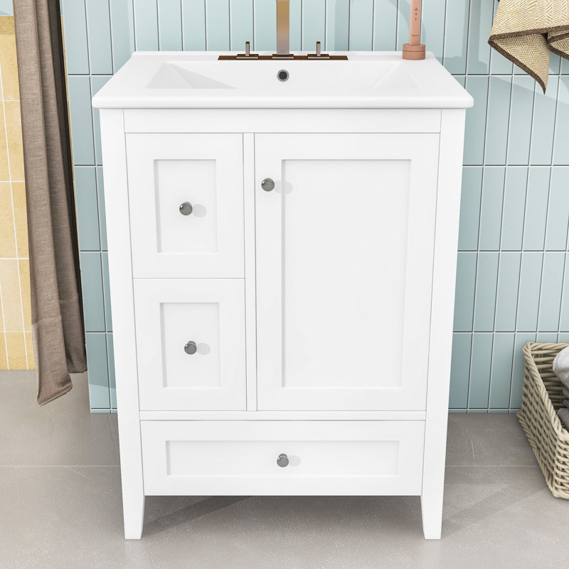 Meuble-lavabo avec lavabo, trois tiroirs de rangement et tablette réglable, Vert foncé / blanc