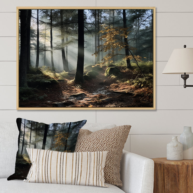 " Pine Forest Autumn Scenery ", 34" H x 44" W x 1.5" D, Natural Floater Framed