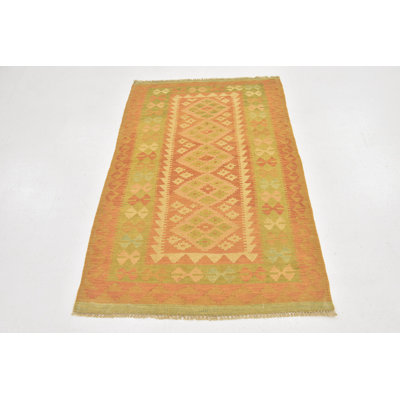 Tapis de zone en laine orange/vert 3 pi x 5 pi one-of-kind à la main noué la new age Elland