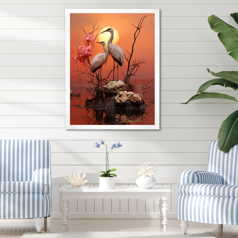 «White Flamingo Paradise I», reproduction sur toile, Cadre simple blanc, H 32 po x l 16 po x P 1 po