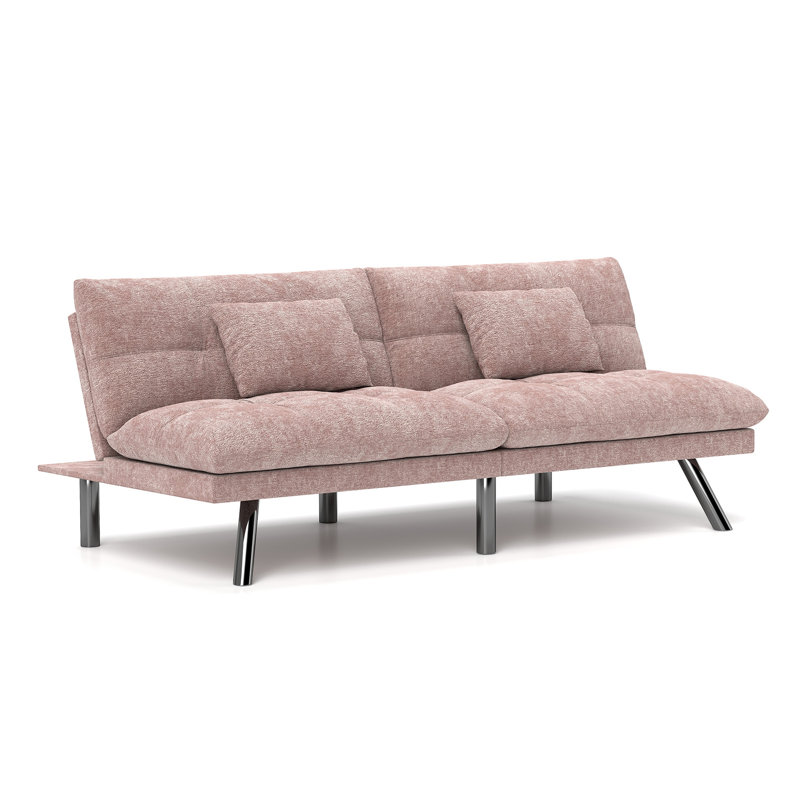 Futon Sofa Bed Convertible 70 Inch Solid Wood Couch For Living Room, Chenille Fabric, 2 Cushions, Pink