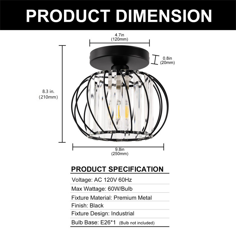 9.8'' 1-Light Crystal Semi Flush Mount Ceiling Light