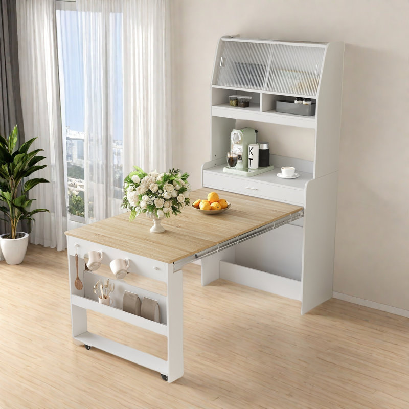 Buffet With Hutch And Foldable Dining Table, Storage Shelves, Side Hooks And A Cabinet With Sliding Doors, White/Natural