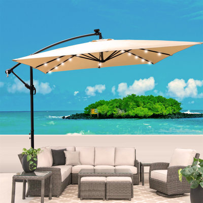 Parasol de patio extérieur 8 lumières à DEL ombrage imperméable avec manivelle et base en croix