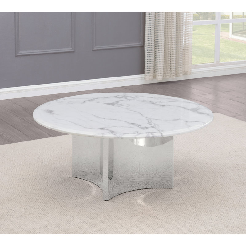 Table basse en marbre blanc avec base en acier inoxydable, Argent argent