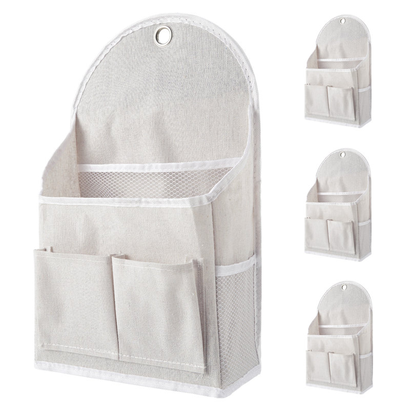 4 sacs de rangement muraux avec revêtement imperméable, base en PVC, double poches avant et filet latéral, organisateur en lin de coton