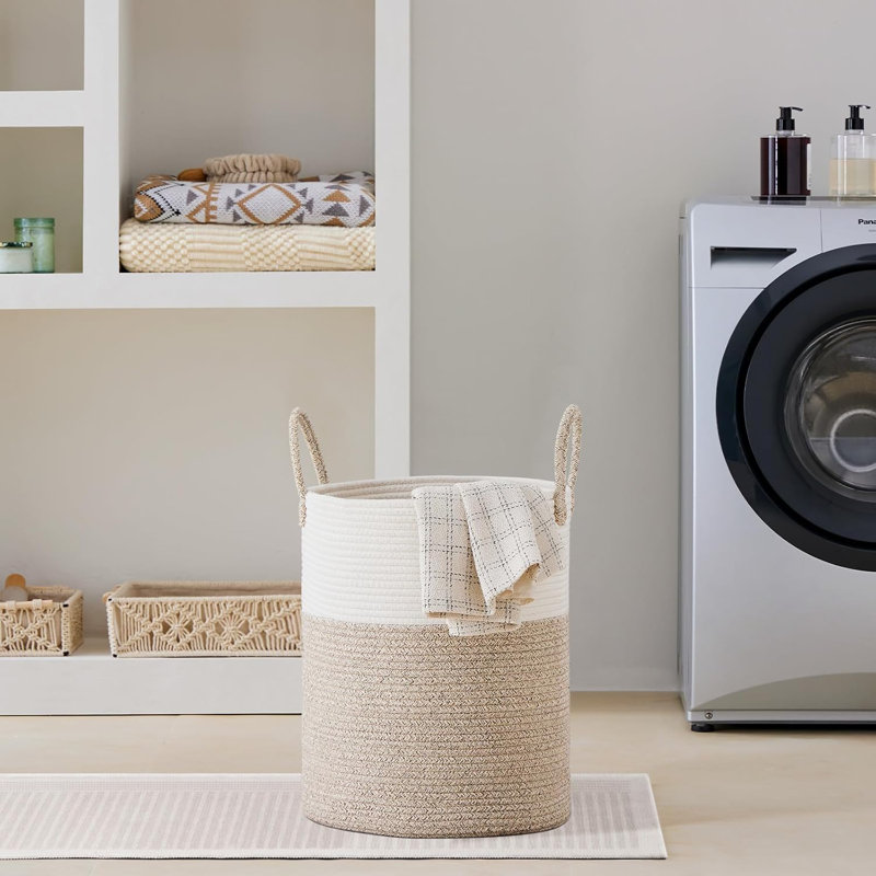 Large Laundry Hamper, Tall Woven Rope Storage Basket For Blanket, Toys, Dirty Clothes In Living Room, Bathroom, Bedroom - 53L