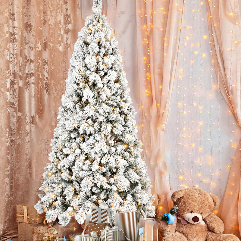 Arbre de Noël floqué, 6 pi de hauteur, 350 lumières DEL blanc chaud, 752 pointes, branches enneigées, système de charnières à installation facile, support en métal floqué, assemblage pour une installation sans effort, support robuste