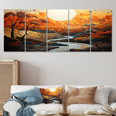 " Orange Sunset Abstract Landscape Stream I 5 Piece Art " 5 - Pieces