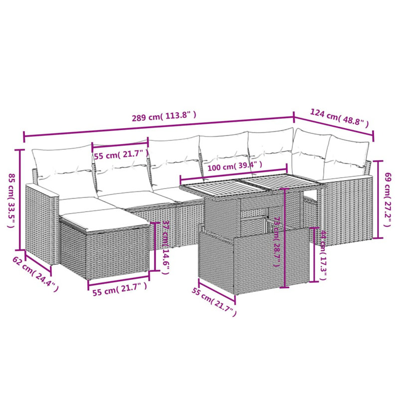 Ensemble de canapé de patio 8 pièces avec coussins en rotin de polyester, Gris, Bleu