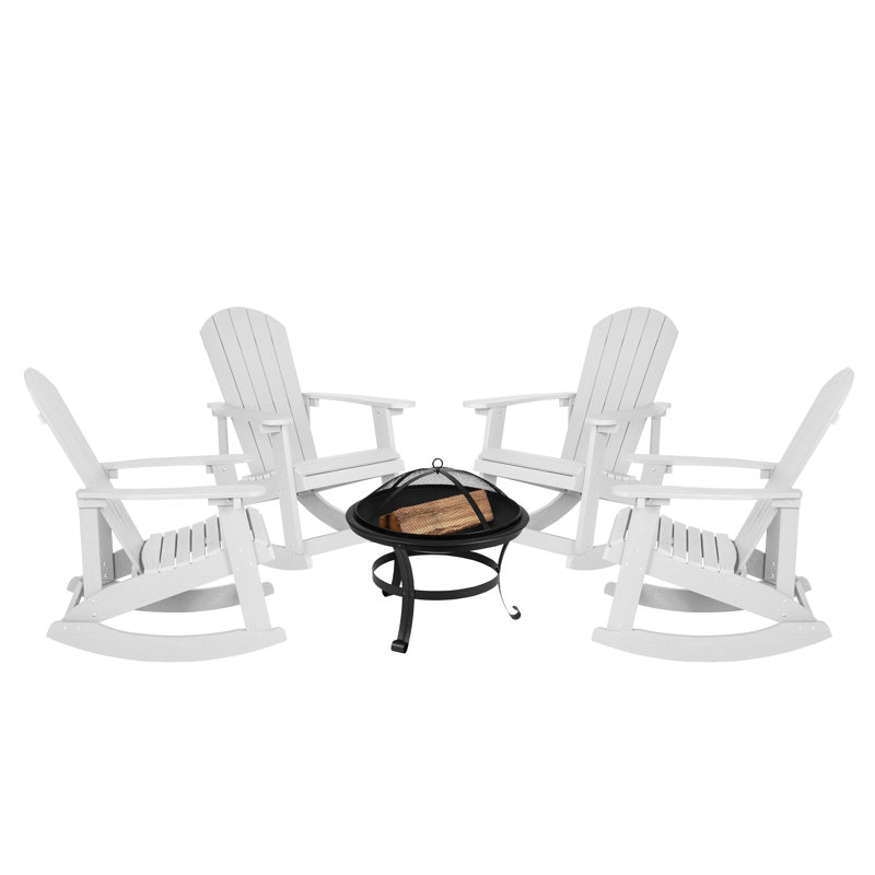 Ensemble de 4 chaises berçantes et foyer Adirondack en résine de polyester Longmire, Blanc