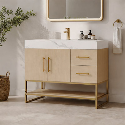 Meuble-lavabo autoportant de 36 pouces avec lavabo en céramique intégré, plateau en pierre frittée, tiroirs de rangement et structure à finition dorée