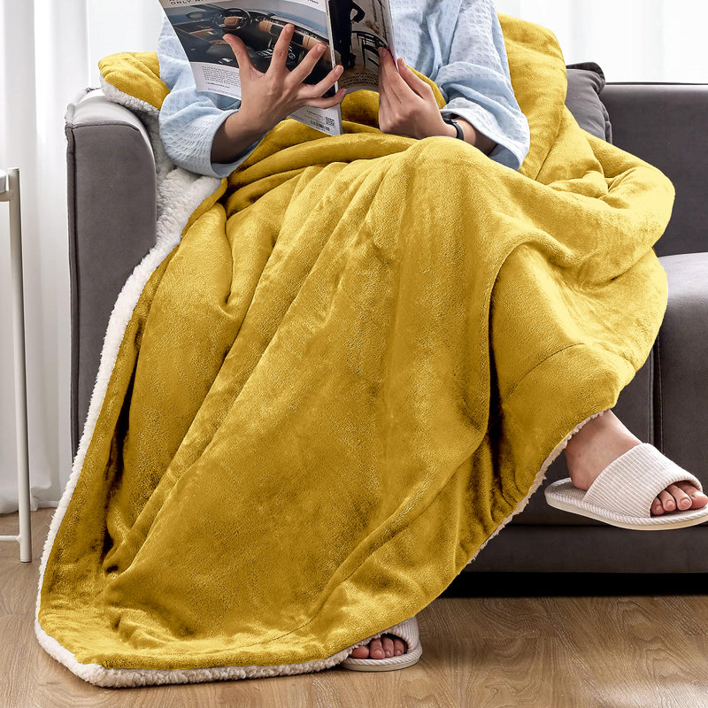 Luxury Sherpa Fleece Throw Blanket, Bedroom, Bedding, King size, Double, Ochre, 150cm W x 200cm L