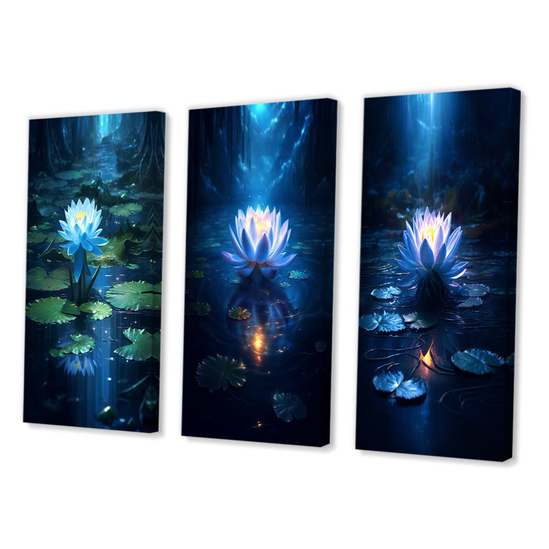 "Lotus bleu en pleine lune" - 3 pièces, Toile tendue, H 28 po x l 36 po