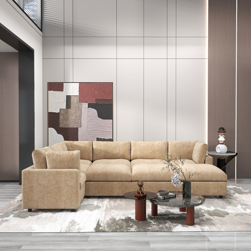 Kessi 9-Piece Upholstered Modern Chenille Fabric Modular Sectional Sofa With Ottoman, Khaki 