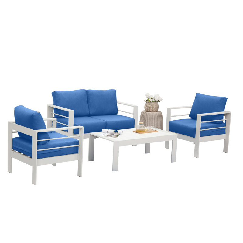 Ensemble de conversation avec canapé en aluminium toutes saisons 4 pièces avec coussins et table basse Ebern Designs - Gris foncé