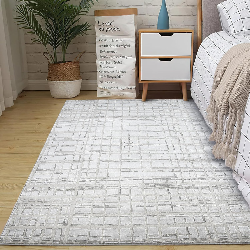 Tapis rectangulaire en polyester fabriqué à la machine en patchwork beige / gris Tidore, Rectangle 4 pi x 6 pi