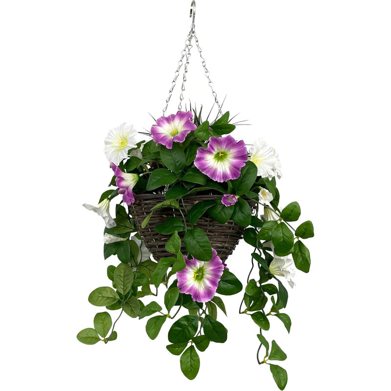 Artificial Petunia Round Rattan Hanging Basket, Pink/White, 43.2cm H x 25cm W x 30.5cm D