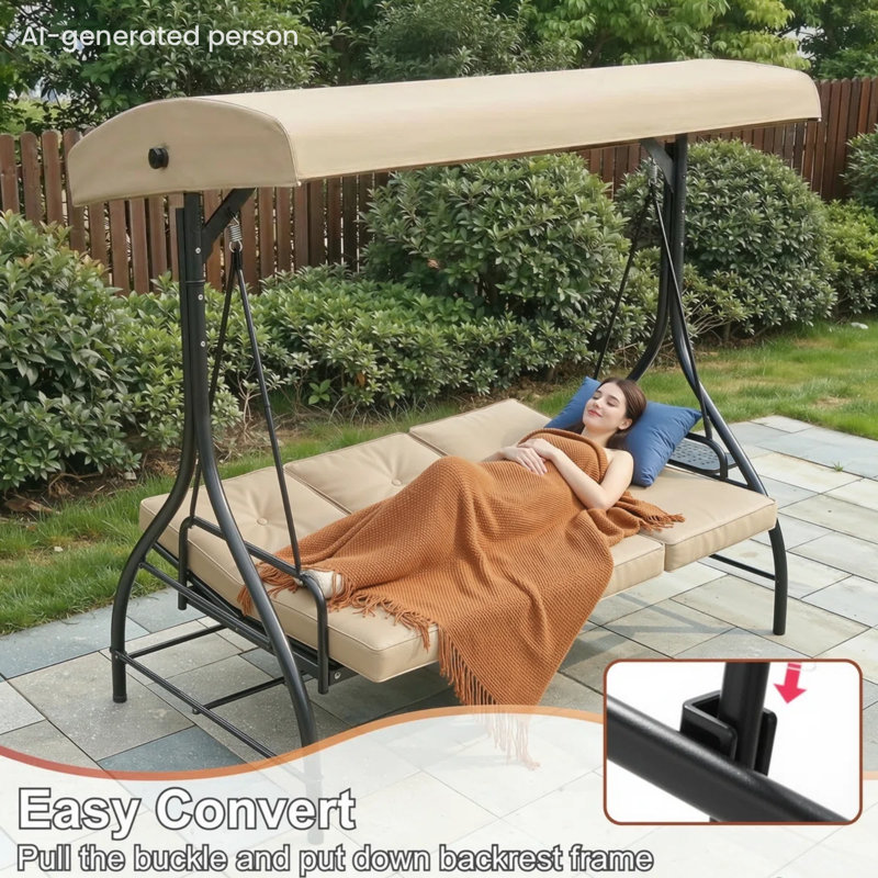 Balancelle d'extérieur pour 3 personnes avec auvent et support réglables, balançoire convertible en lit plat 2 en 1, banc de balançoire de patio avec coussins épais, structure en acier robuste, résistante aux intempéries, pour jardin, cour, terrasse