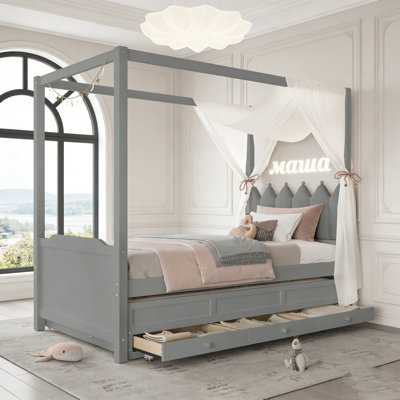 Lit plateforme avec tête de lit tapissier, lit gigogne et 3 tiroirs, cadre de lit à baldaquin princesse pour enfants, rangement et assemblage facile
