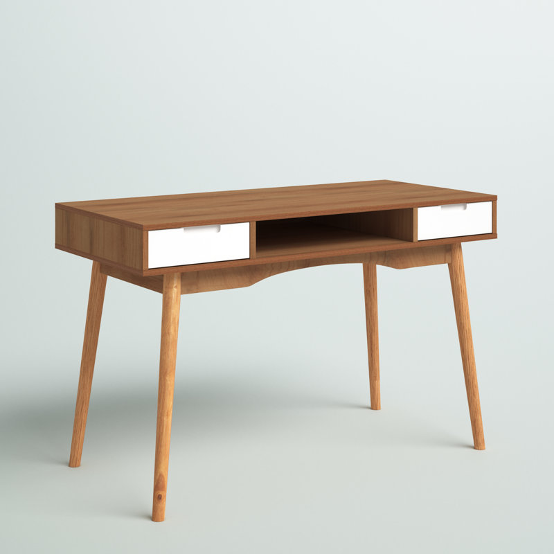 Aaron Two Drawer Mid-Century Modern Open Shelf Wooden Desk, Natural/White