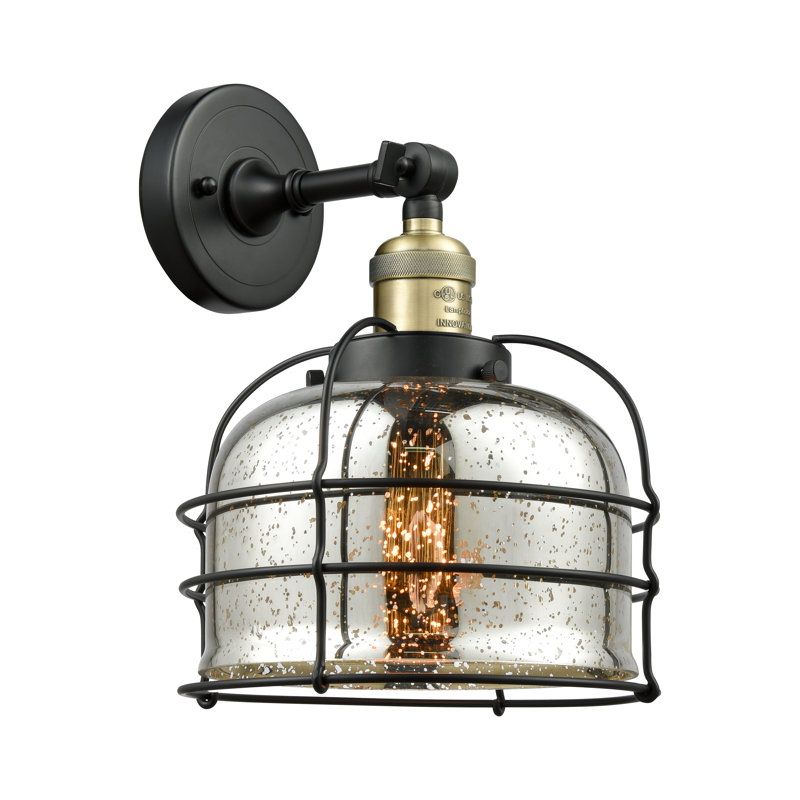 Applique murale 1 lumière 9 "Bell Cage, Laiton antique noir, Argent mercuré plaqué, Ampoule à DEL rétro de 6 watts