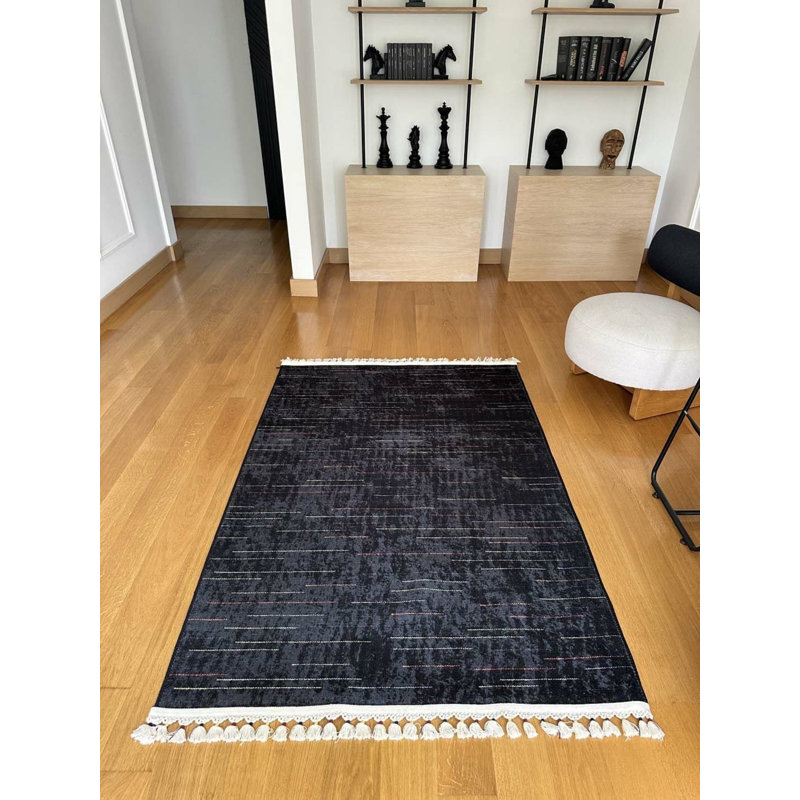 Coton imprimé rayé noir Toscana Tapis chenille antidérapant, Rectangle 2 pi 7 po x 11 pi 6 po
