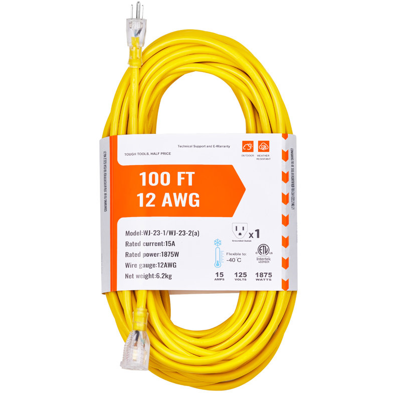 Cordon de rallonge robuste 100 pi 16AWG 10A 1250W 3 broches avec extrémité éclairée, Jaune