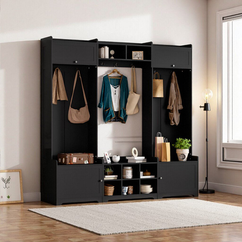 White Modern Hall Tree - 79" Entryway Bench with Shoe Storage & 7 Coat Hooks, Black
