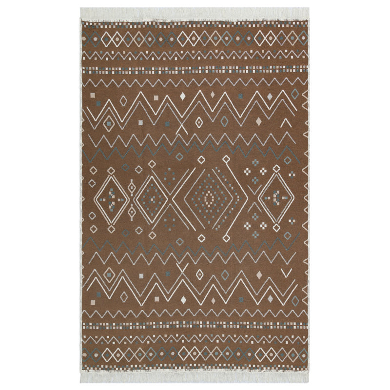 Tapis rectangulaire en coton tissé à plat à la machine marocain beige / bleu / blanc, Rectangle 2 pi 7 po x 4 pi 11 po