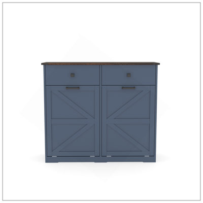 Farmhouse Blue Double Tilt Out Trash Cabinet For 20 Gallon Trash Cans, Free Standing Recycling Cabinet With Hideaway Drawer, Barn Door Style Laundry Sorter Cabinet, Tilt Out Trash Cabinet For Kitchen