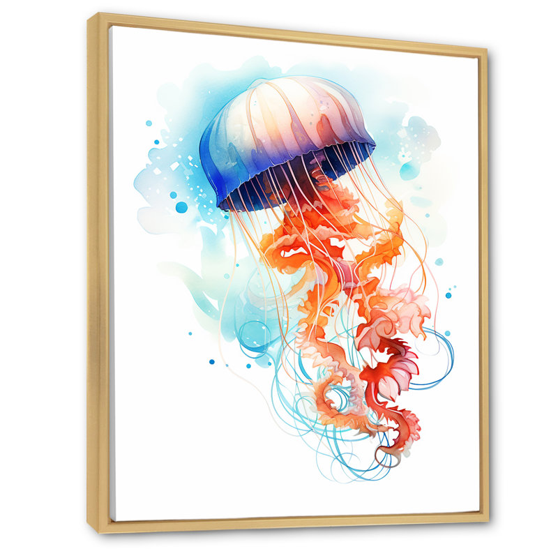 Orange et méduse bleue Jive II - méduse, art mural, H 44 po x l 34 po x P 1,5 po, Cadre flottant brun