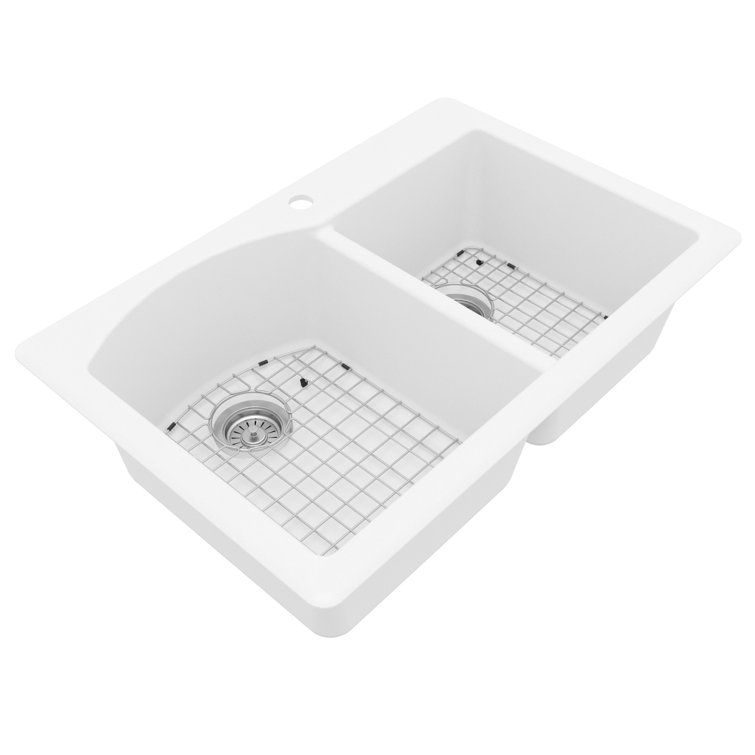 Karran Quartz 33'' X 22'' Double Bowl 60/40 Top Mount Drop-in Kitchen Sink Kit