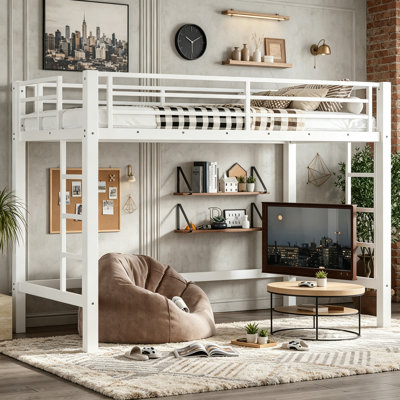 Lit mezzanine en métal avec double échelle et barrières de sécurité pour enfants et adolescents, lit mezzanine minimaliste pour petite chambre, taille Twin XL, blanc