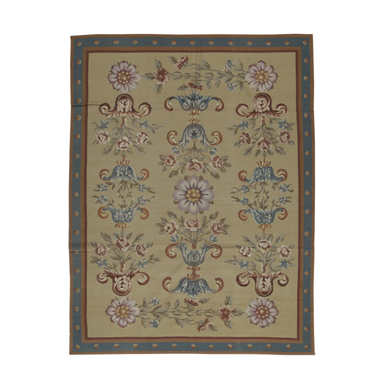 Hand-Knotted High-Quality Taupe and Blue Area Rug