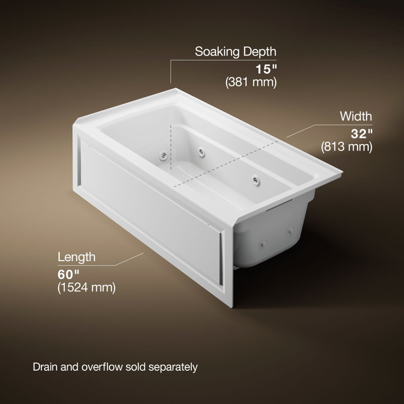 Archer Alcove 60" x 32" Whirpool Bathtub, White, Right