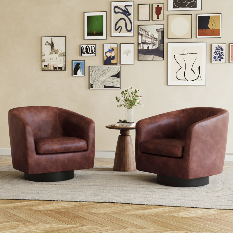 Applewold Upholstered Red Brown Faux Leather Swivel Barrel Chair with Solid Wood Base, Red Brown