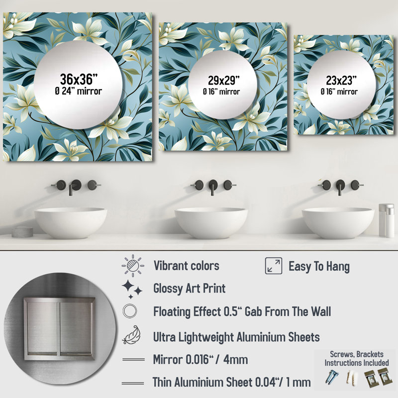 «Oceanic Foliage Botanical Pattern III», art mural miroir carré tropical pour salle de bain, 23 po x 23 po