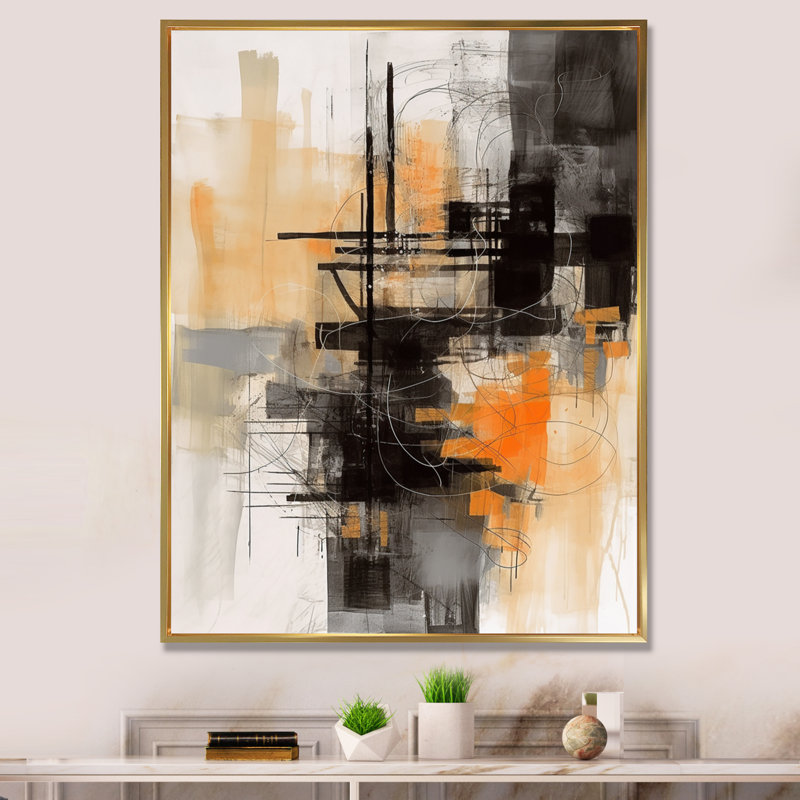 «Abstract Design Shapes II - Abstract Collages», art mural sur toile, H 20 po x l 12 po x P 1 po, Cadre flottant doré