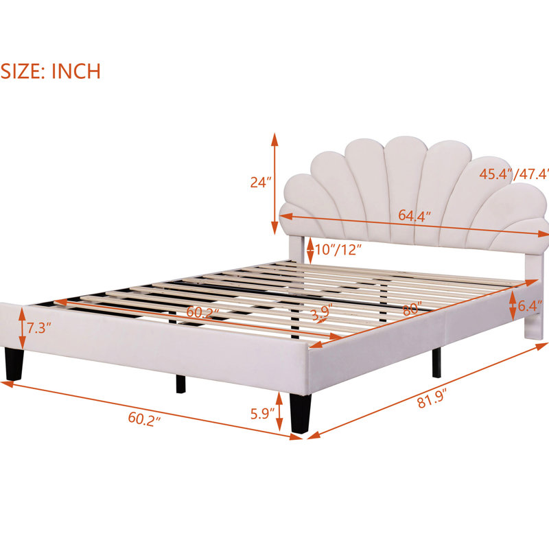Grand lit plateforme tapissier beige avec tête de lit en velours, Beige, Grand lit