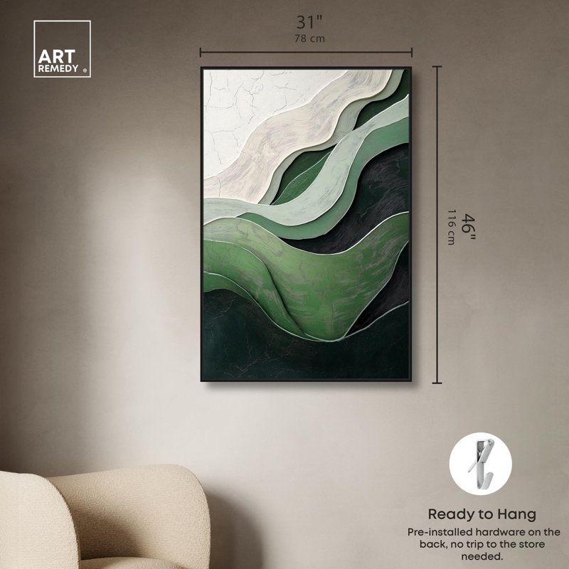 «Green Echoes I», art abstrait vert, H 46 po x l 31 po, Cadre noir