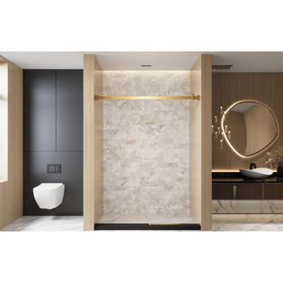 Porte de douche coulissante simple de 56 à 60 po x H 60 po, verre trempé transparent de 1/4 po (6 mm), film résistant, poignée en acier inoxydable, or brossé, design américain, grandes roues, séparation par voie sèche et humide, finition facile à nettoyer