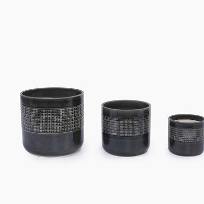 Handmade Black Glazed Ceramic Planter Set of 3, 9" 7" 6" Diameter, Grid Pattern, for Succulents & Cacti Indoor/Outdoor Shelf & Table Use, Porous Clay with Drainage Holes