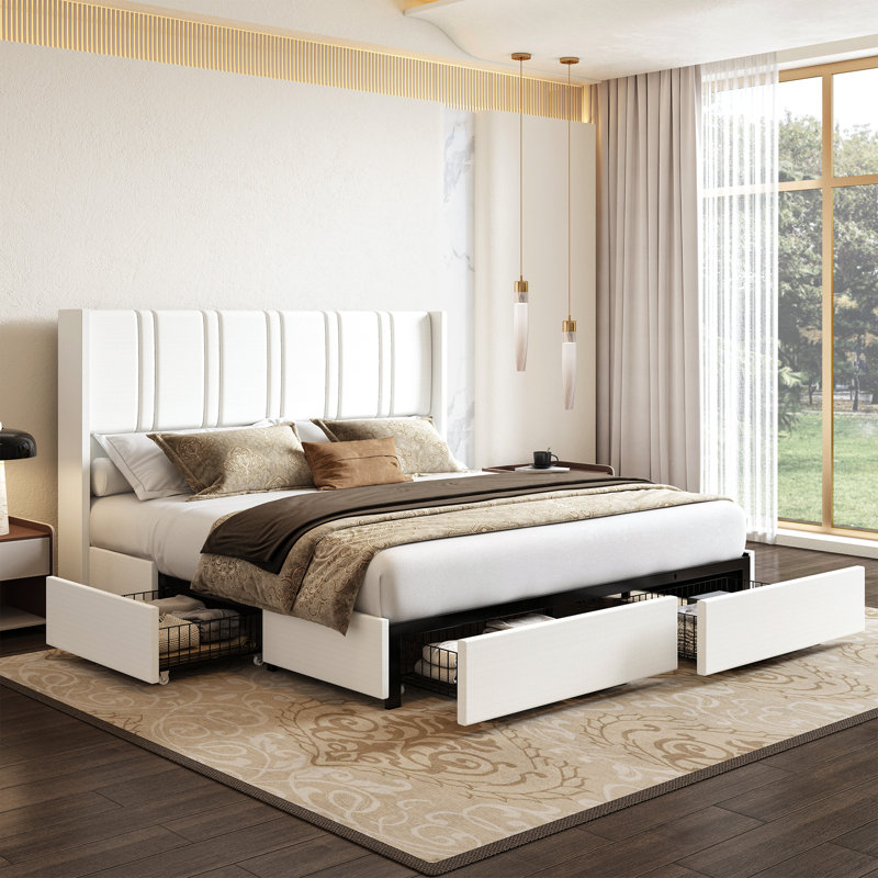 Latitude Run® Linen Upholstered Platform Bed Frame With 4 Storage Drawers And Wingback Headboard, No Box Spring Required, Easy Assembly