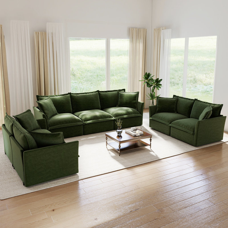 Ensemble de salon, canapé, pour le salon, 3 Pcs: 2 Loveseats, Sofa, Green Chenille