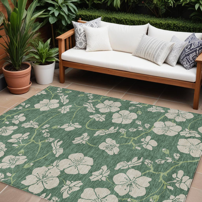 Tapis extérieur lavable et floral 8 pi x 10 pi sauge et ivoire